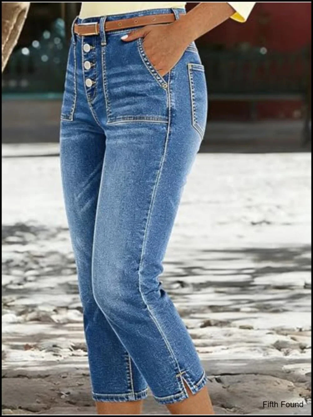 Skinny Capri Mid Waist Split Button Vintage Casual Denim Jeans
